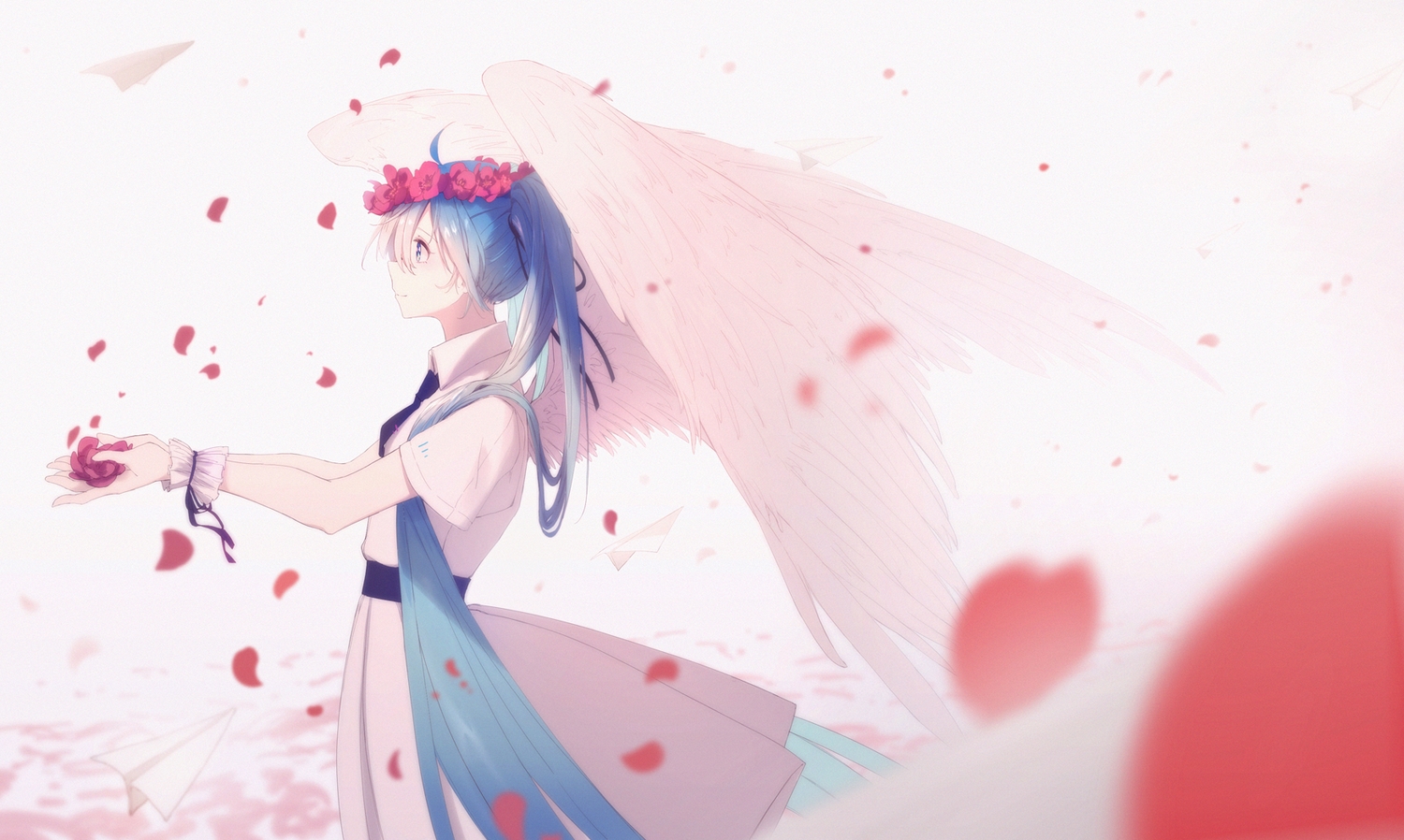 aircraft, aqua_eyes, aqua_hair, dress, flowers, hatsune_miku, headdress, hua_ben_wuming