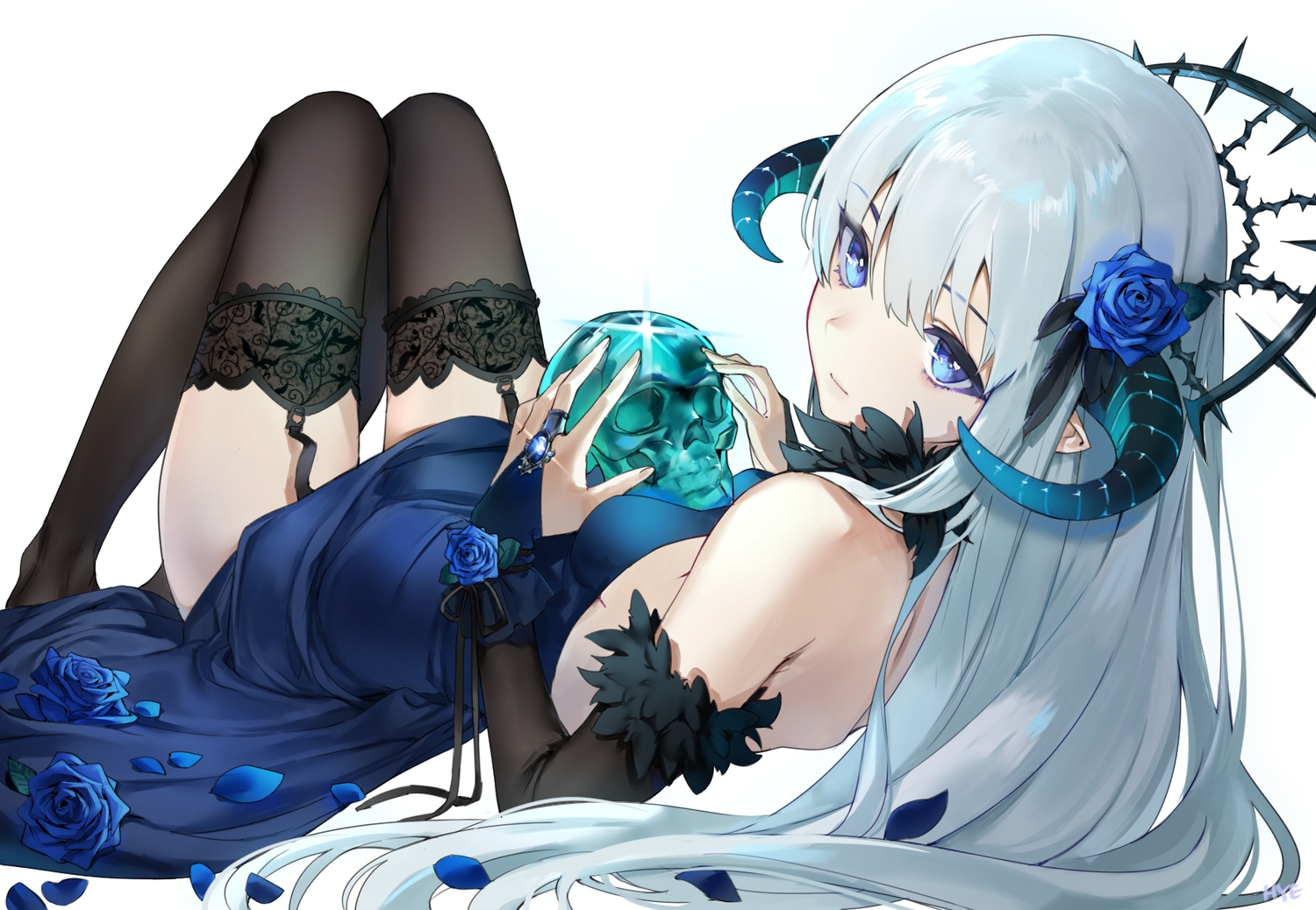 aqua_eyes, dress, elbow_gloves, feathers, flowers, garter_belt, gloves, headdress, hieung, horns, long_hair, original, petals, pointed_ears, rose, signed, skull, stockings, thighhighs, white, white_hair