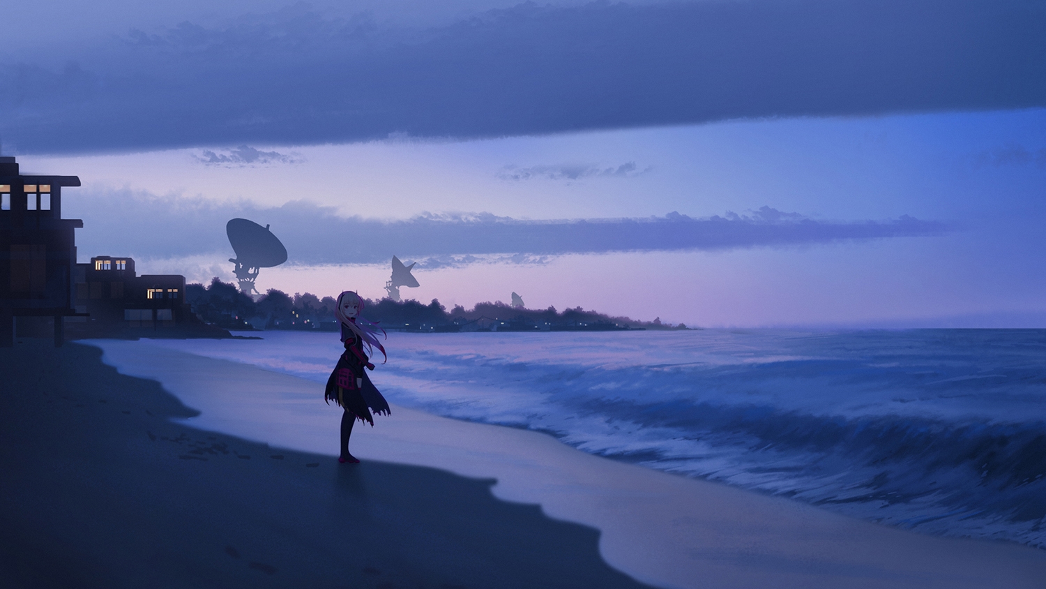 anthropomorphism, beach, clouds, girls_frontline, long_hair, m4_sopmod_ii_(girls_frontline), scenic, sky