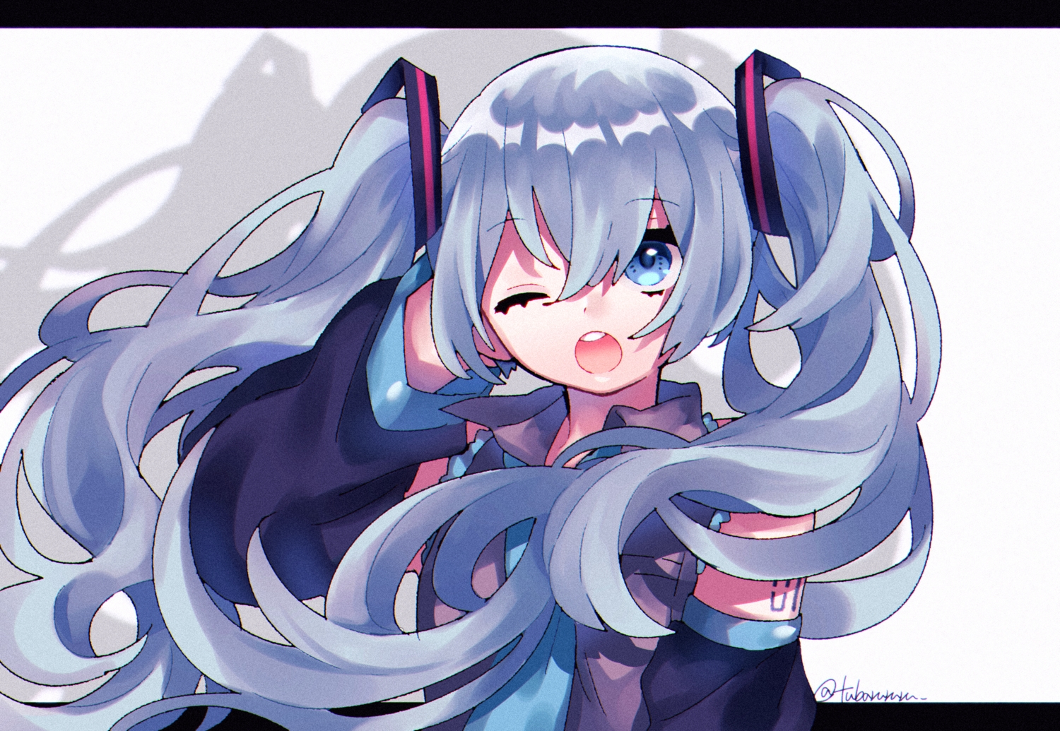 blue_eyes, blue_hair, hatsune_miku, signed, tsubaki_tsubaru, vocaloid, wink