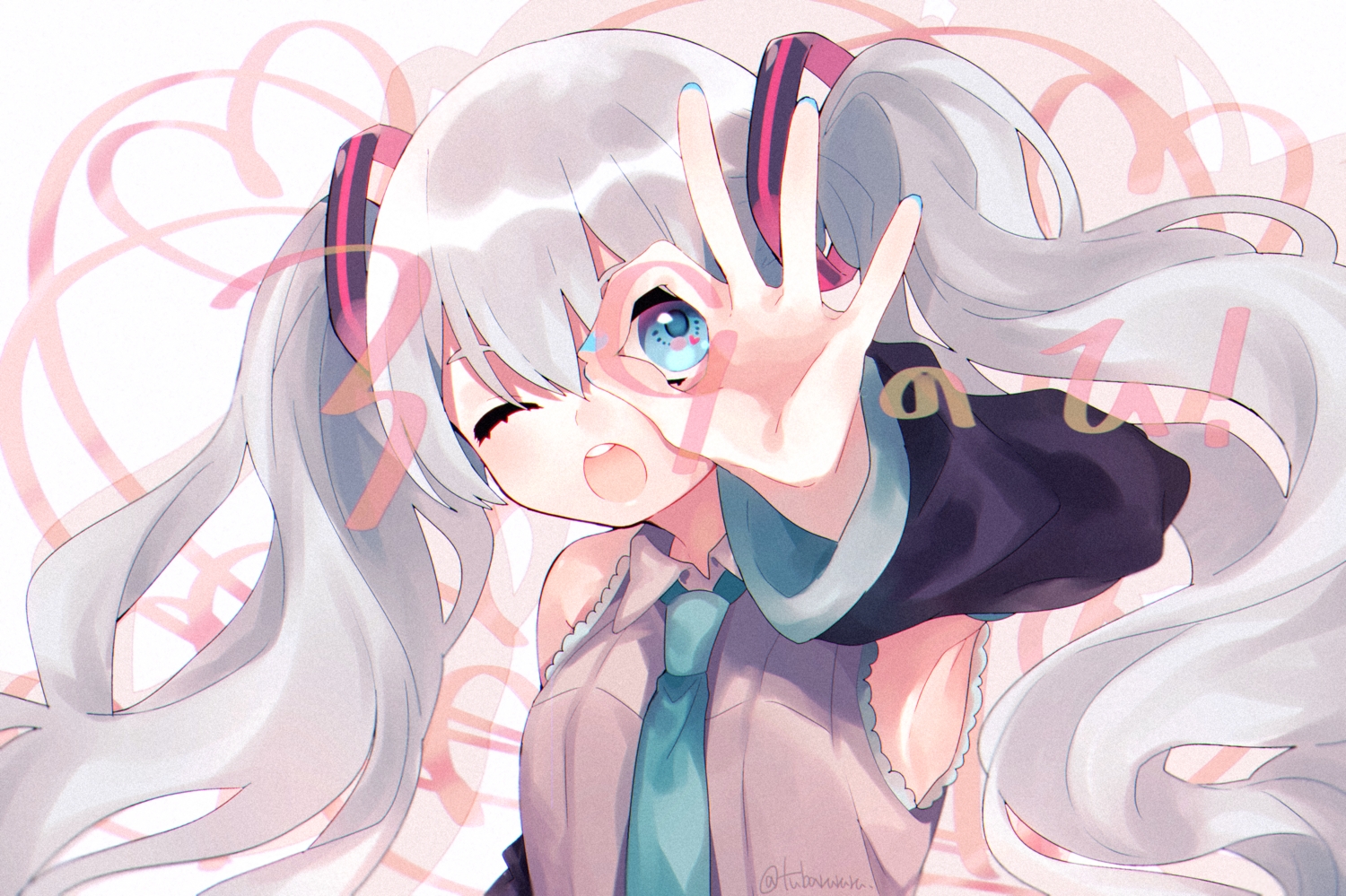 gray_hair, hatsune_miku, tie, tsubaki_tsubaru, twintails, vocaloid, wink