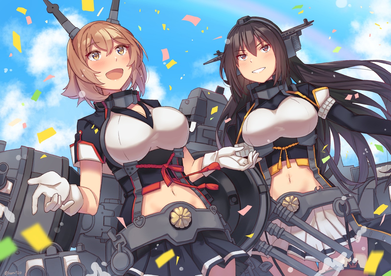 2girls, anthropomorphism, breasts, brown_hair, clouds, gloves, headband, kantai_collection