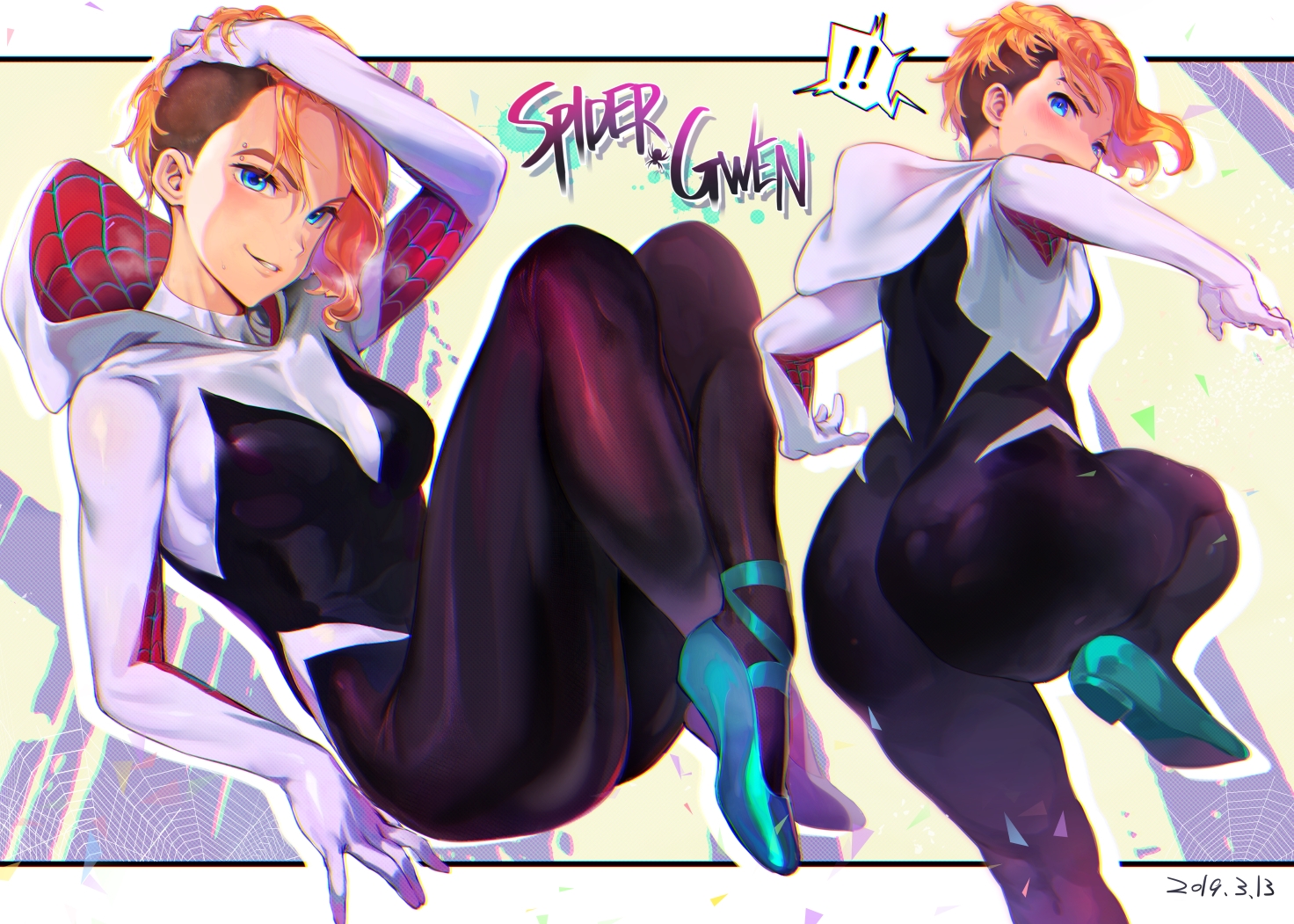 aqua_eyes, ass, blonde_hair, bodysuit, gwen_stacy, hood, iku_(ikuchan_kaoru), marvel_comics