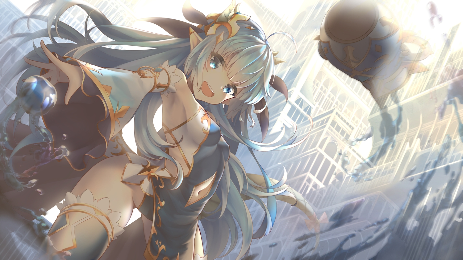 alicia_(schrdingerscat), aqua_eyes, aqua_hair, bodysuit, breasts, king's_raid, lilia_(king's_raid), long_hair, pointed_ears, skintight, thighhighs, water