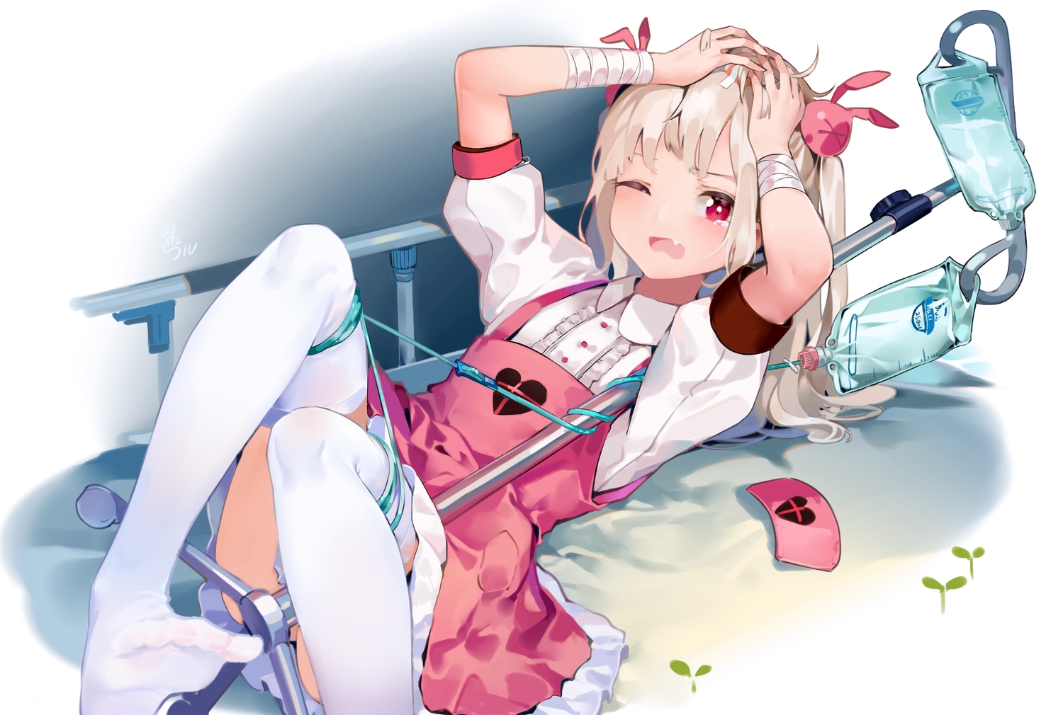 bandage, blonde_hair, fang, long_hair, natori_sana, nurse, red_eyes, sana_channel, thighhighs, wink, yamano_(yamanoh)