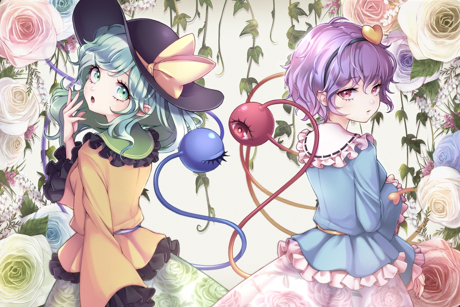 2girls, aqua_eyes, flowers, green_hair, komeiji_koishi, komeiji_satori, pink_eyes, purple_hair, rose, short_hair, touhou, wikumi