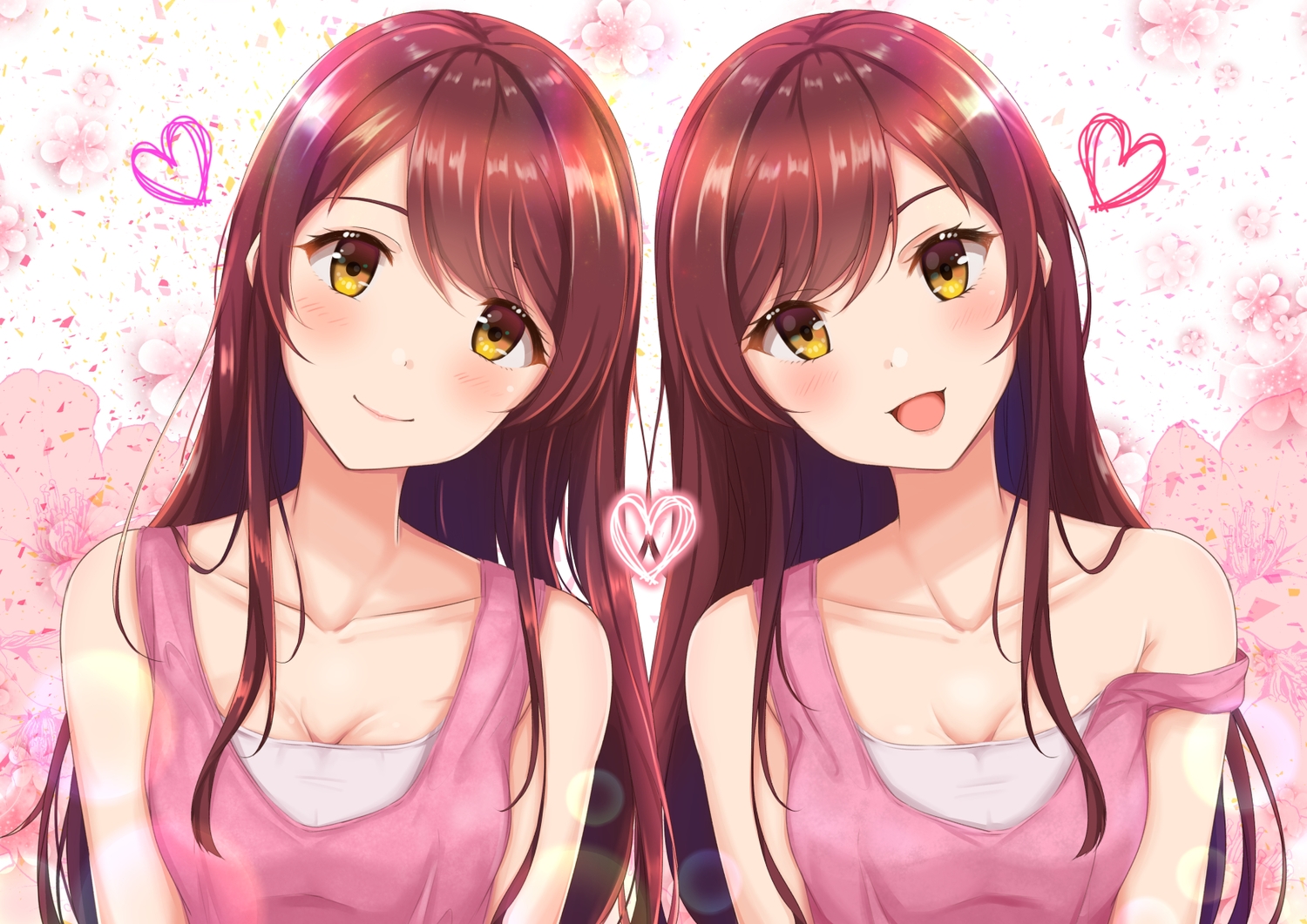 2girls, blush, breasts, brown_eyes, brown_hair, cleavage, flowers, heart, idolmaster, idolmaster_cinderella_girls, long_hair, oosaki_amana, oosaki_tenka, twins, yuzuyu_(hyui)