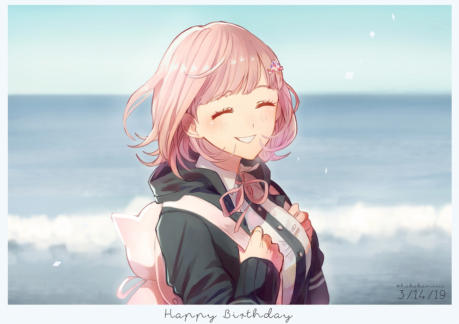 blush, dangan-ronpa, dangan-ronpa_2, hakamii, nanami_chiaki, pink_hair, school_uniform, short_hair