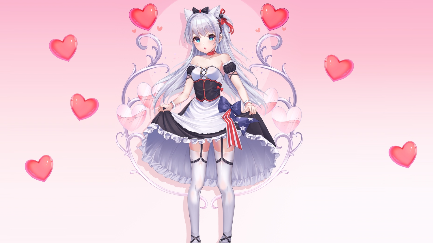 animal_ears, anthropomorphism, aqua_eyes, azur_lane, blue_eyes, blush, catgirl, foka_(beginner), gradient, hammann_(azur_lane), long_hair, maid, ribbons, skirt_lift, stockings, thighhighs, third-party_edit