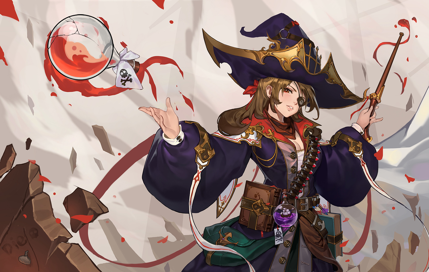 book, brown_hair, eyepatch, hat, long_hair, orange_eyes, original, pauld