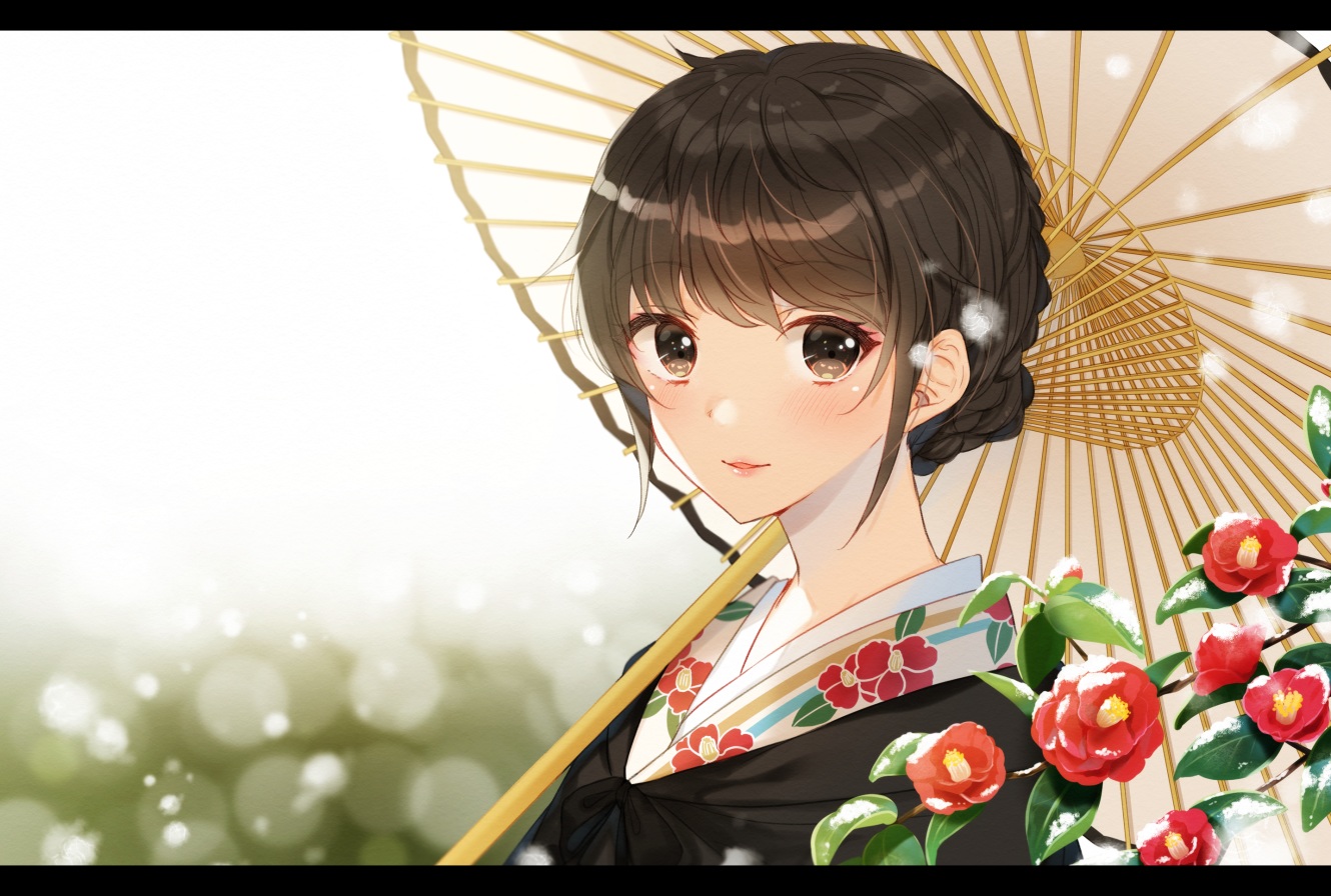 blush, braids, brown_eyes, brown_hair, flowers, hiiragi_souren, japanese_clothes, kimono