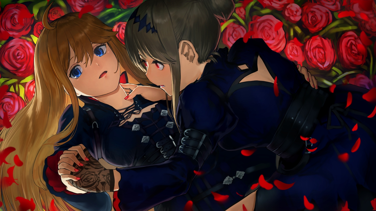 2girls, blue_eyes, brown_hair, flowers, goth-loli, idolmaster, idolmaster_million_live!, lolita_fashion