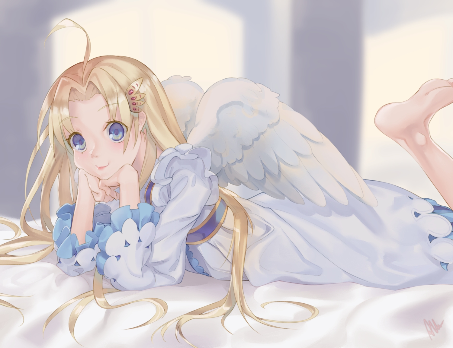 albreo, angel, blonde_hair, blue_eyes, dress, firo_(tate_no_yuusha_no_nariagari), loli, long_hair, signed, tate_no_yuusha_no_nariagari, wings