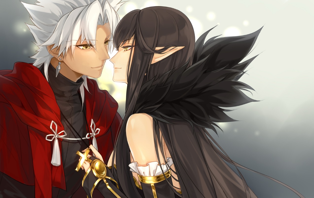 amakusa_shirou, black_hair, cross, dark_skin, fate/apocrypha, fate_(series), gradient, gray_hair, long_hair, male, pointed_ears, semiramis, short_hair, yellow_eyes, yonakaforever