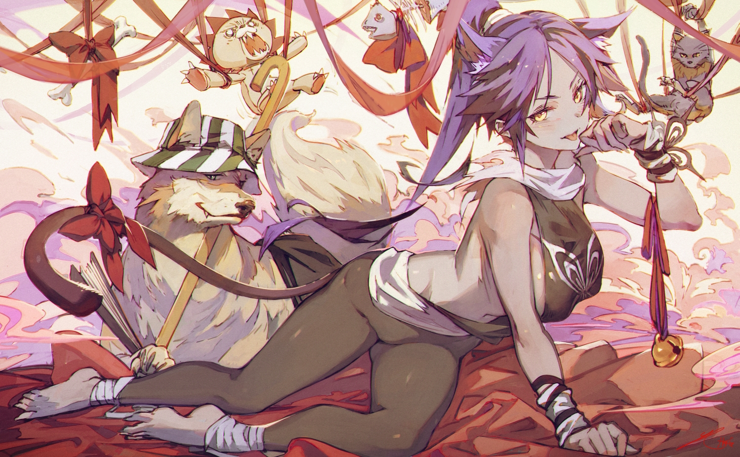 animal, animal_ears, barefoot, bell, bleach, dog, hat, hong
