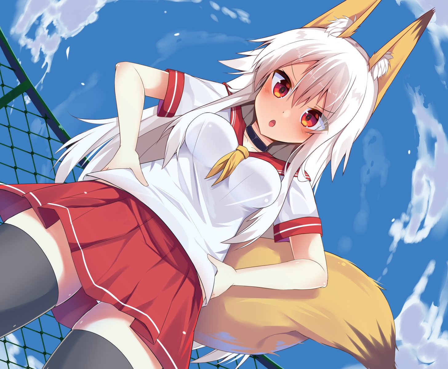 animal_ears, choker, clouds, cropped, foxgirl, long_hair, original, red_eyes, ryu_narb, school_uniform, sky, tail, thighhighs, white_hair