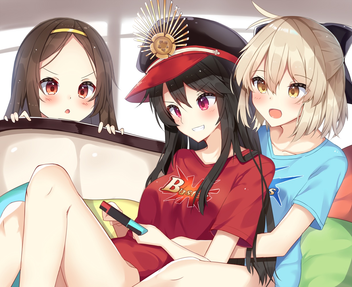 black_hair, blonde_hair, blush, brown_hair, chacha_(fate/grand_order), couch, fate/grand_order, fate_(series)