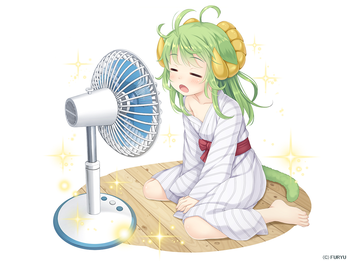 animal_ears, asatsuki_(monmusu_harem), barefoot, blush, fan, flat_chest, green_hair, horns, japanese_clothes, loli, monmusu_harem, namaru_(summer_dandy), short_hair, tail, yukata