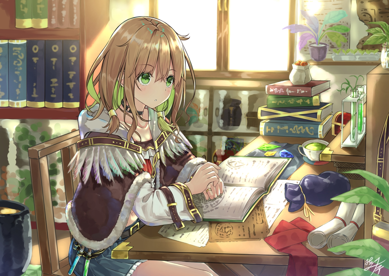 book, brown_hair, cape, choker, feathers, green_eyes, hood, miko_fly