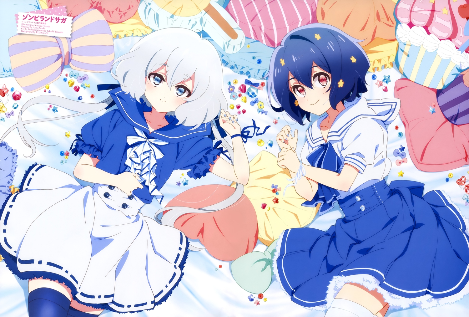blue_eyes, blue_hair, dress, gray_hair, hakoda_nanami, konno_junko, mizuno_ai, red_eyes