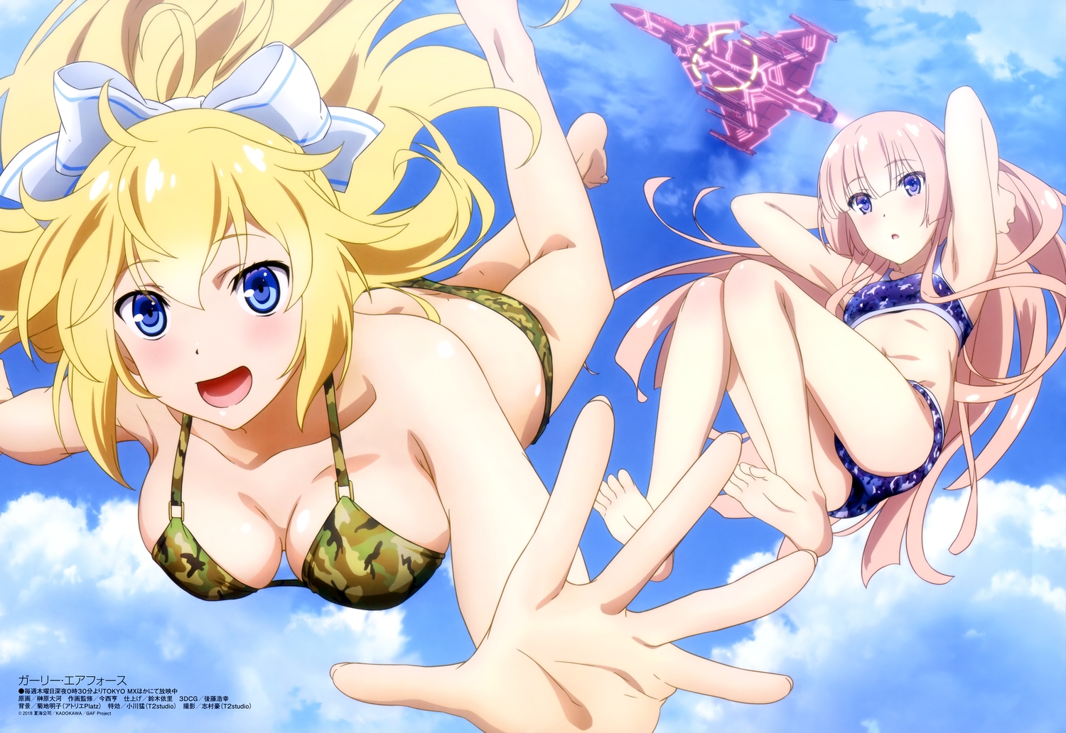 aircraft, anthropomorphism, bikini, blonde_hair, blue_eyes, bow, breasts, combat_vehicle