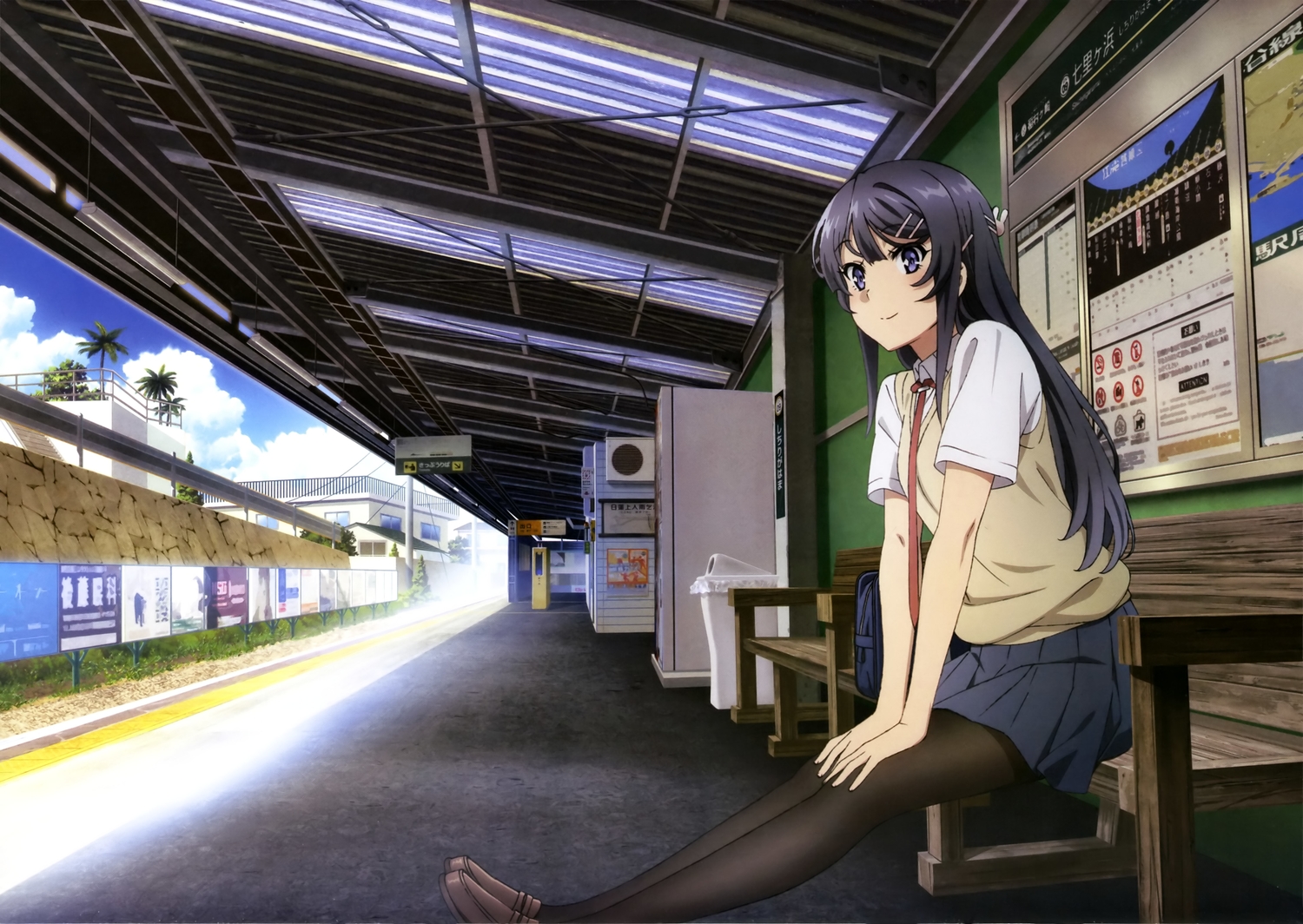 black_hair, blue_eyes, building, city, clouds, long_hair, pantyhose, sakurajima_mai