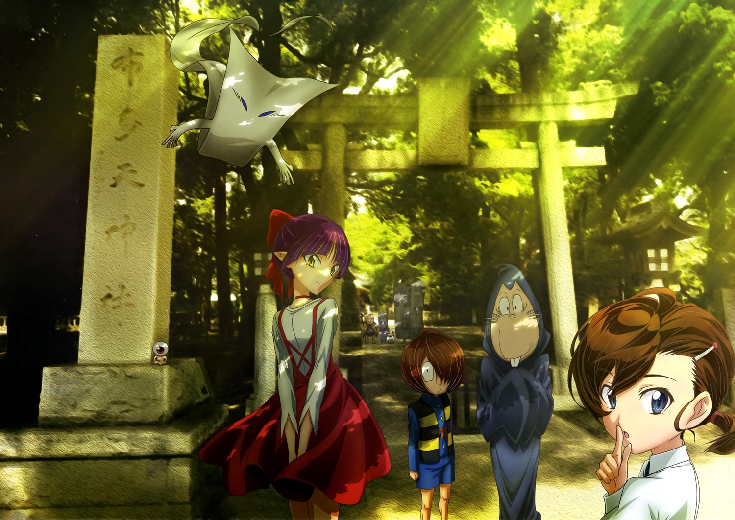 gegege_no_kitaro, green, group, inuyama_mana, ittan-momen, kitaro_(gegege_no_kitaro), medama-oyaji, neko_musume