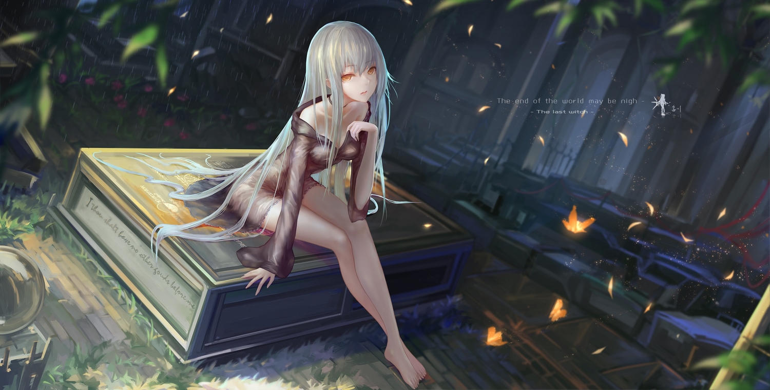 barefoot, jpeg_artifacts, long_hair, orange_eyes, original, wangchuan_de_quanyan, watermark, white_hair