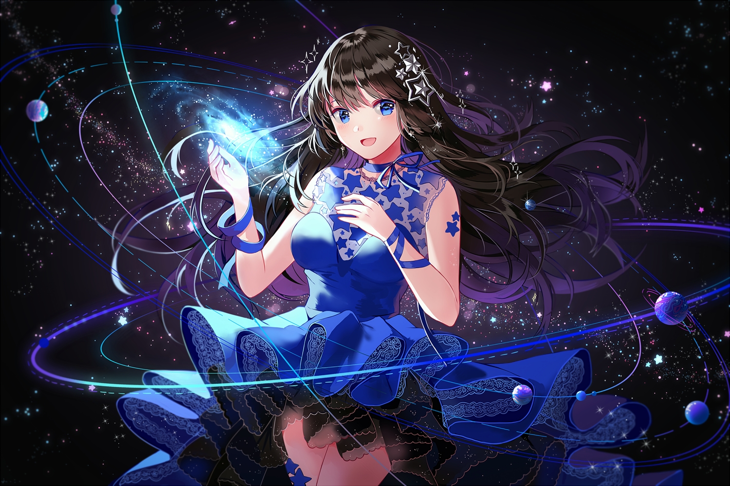 black, black_hair, blue_eyes, blush, choker, dress, long_hair, original, planet, ribbons, silence_girl, stars, waifu2x, wristwear