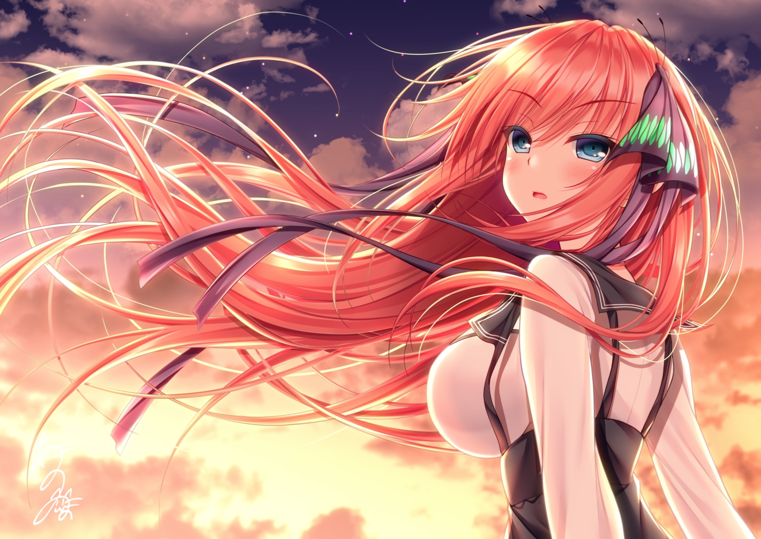 blue_eyes, blush, breasts, close, clouds, go-toubun_no_hanayome, long_hair, nakano_nino