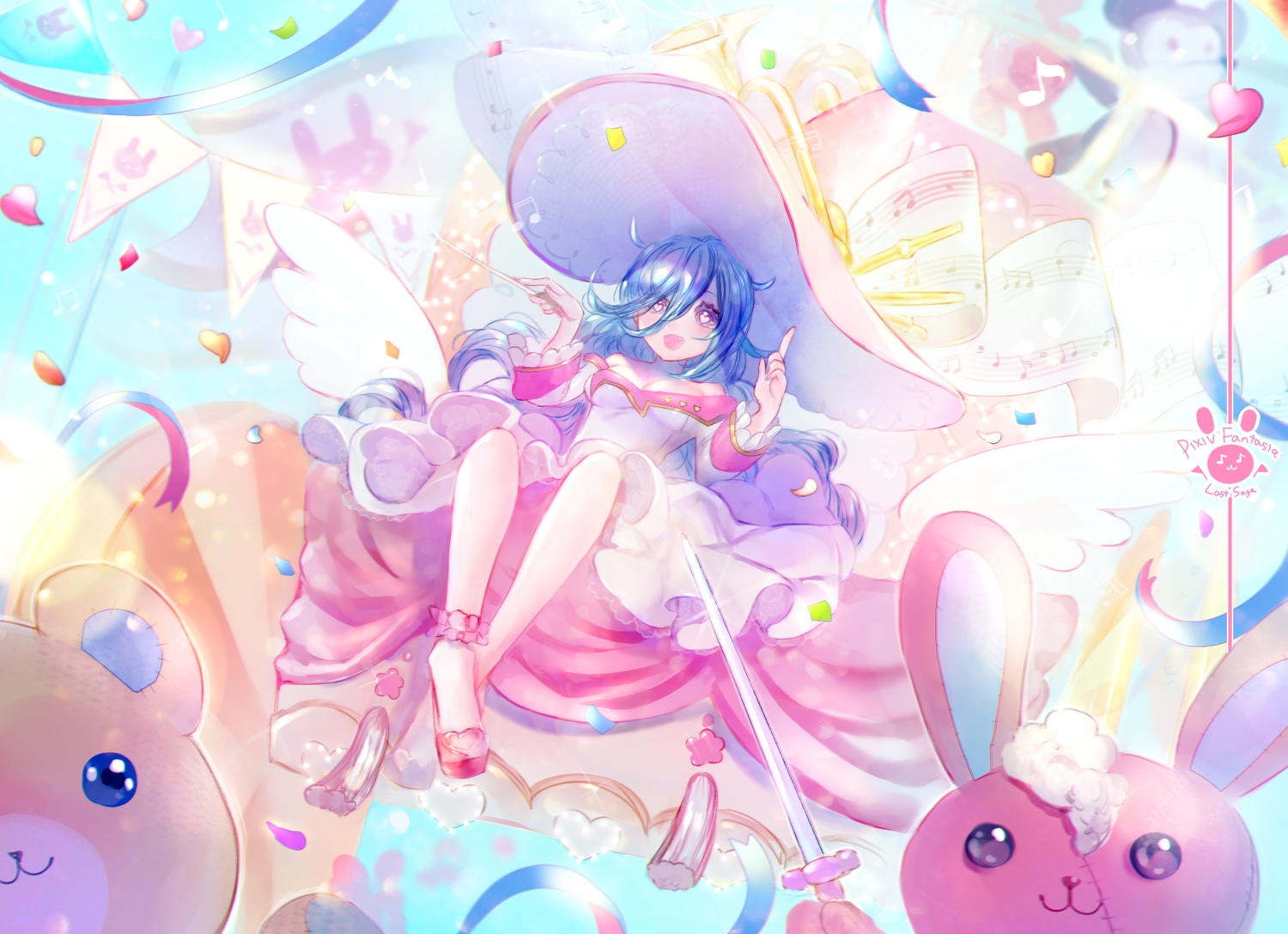 blue_hair, bunny, dress, fang, hat, long_hair, mimumiri, music, original, pixiv_fantasia, purple_eyes, teddy_bear, wand, wings, witch, witch_hat