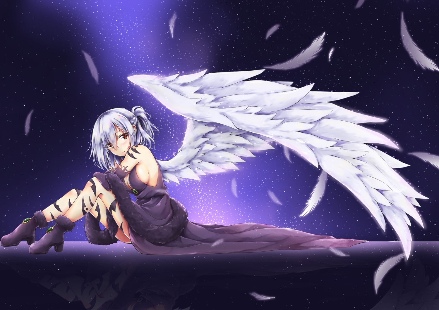 akiteru98, blush, boots, braids, breasts, dress, elbow_gloves, feathers, gloves, gray_hair, kishin_sagume, ponytail, red_eyes, reflection, short_hair, sideboob, stars, tattoo, touhou, wings