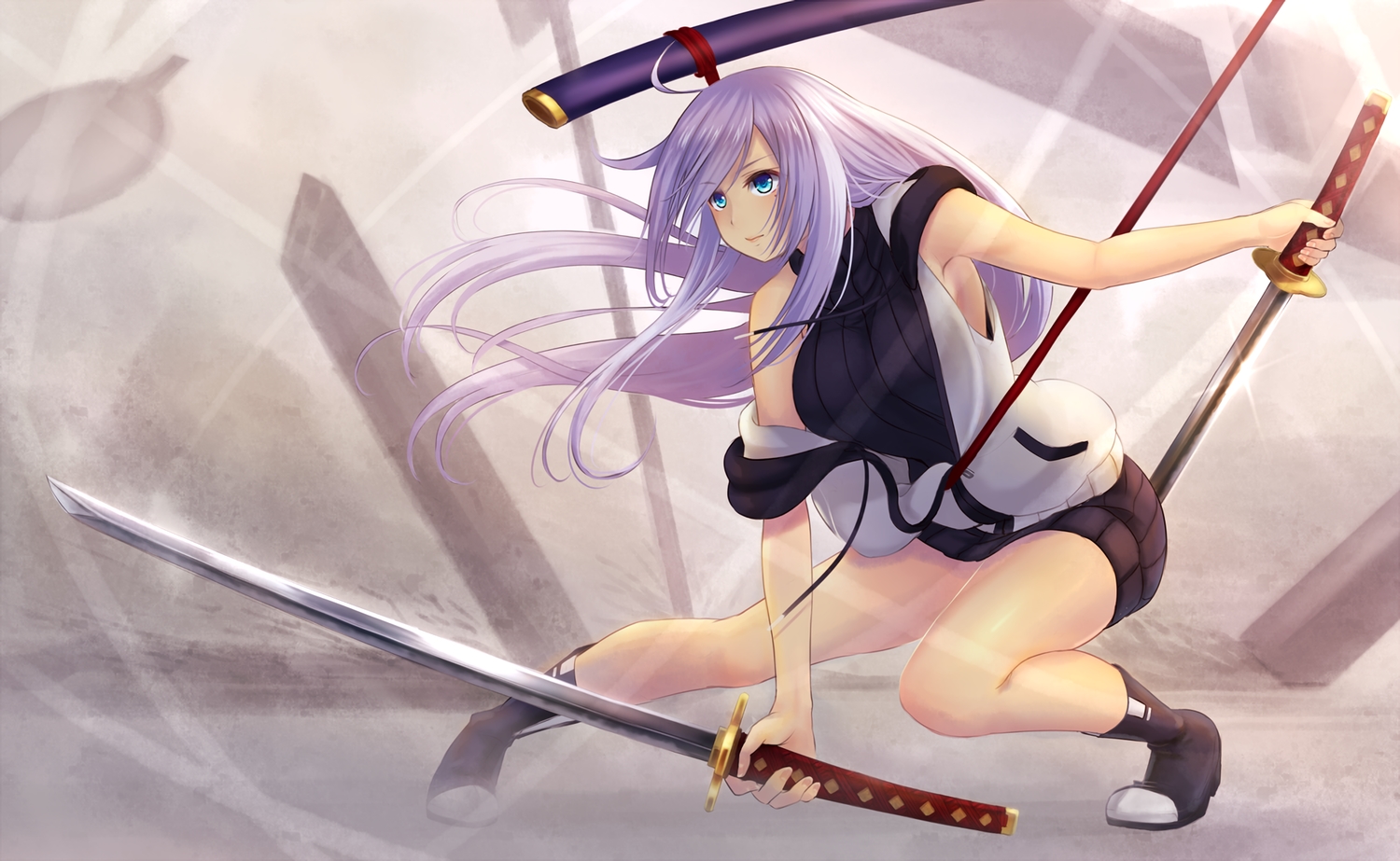 aqua_eyes, boots, dress, gray_hair, hood, katana, koko_(koko3), long_hair, original, sword, waifu2x, weapon