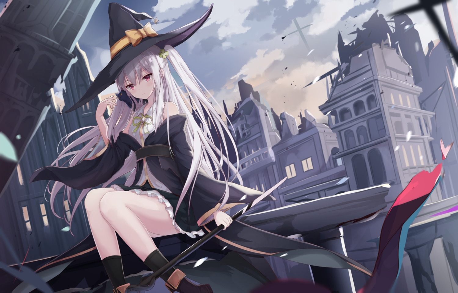 animal, boots, building, cat, city, clouds, hat, kneehighs, long_hair, original, ponytail, red_eyes, ruins, skirt, sky, staff, touhourh, weapon, white_hair, witch, witch_hat