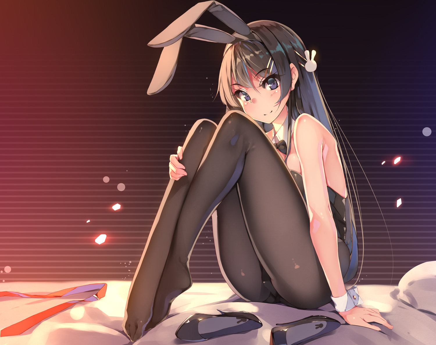 animal_ears, bed, black_hair, bunny_ears, bunnygirl, gradient, headband, kestrel
