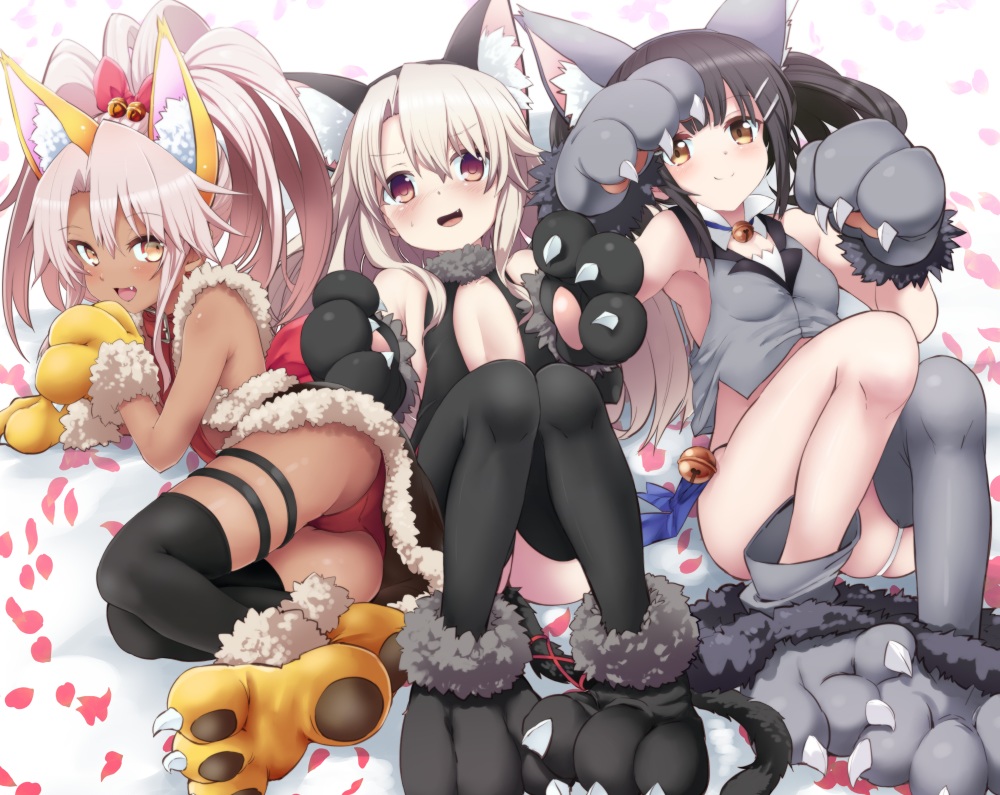 animal_ears, bell, black_hair, bow, brown_eyes, catgirl, chloe_von_einzbern, cosplay