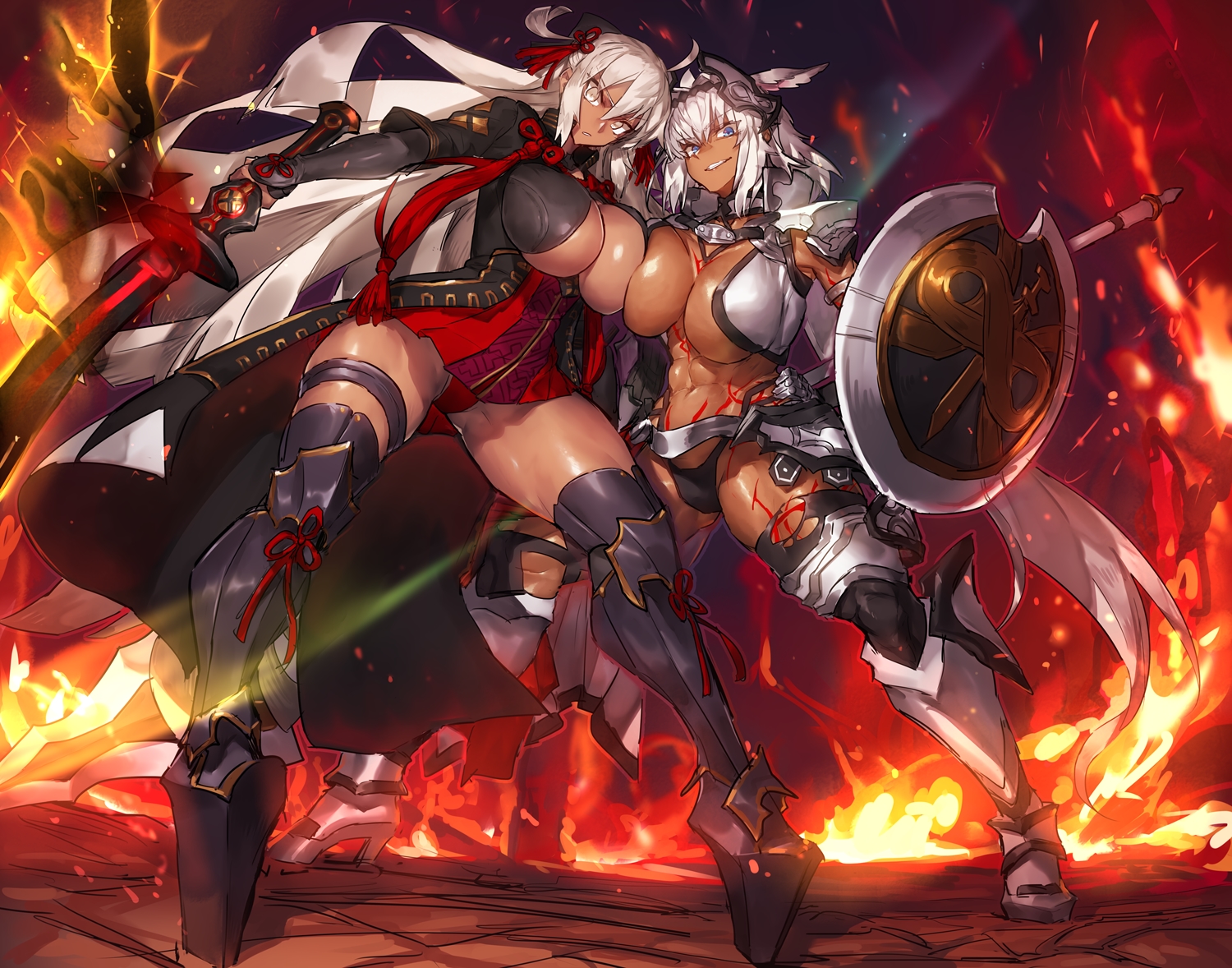 2girls, armor, breasts, caenis_(fate), cleavage, dark_skin, fate/grand_order, fate_(series)