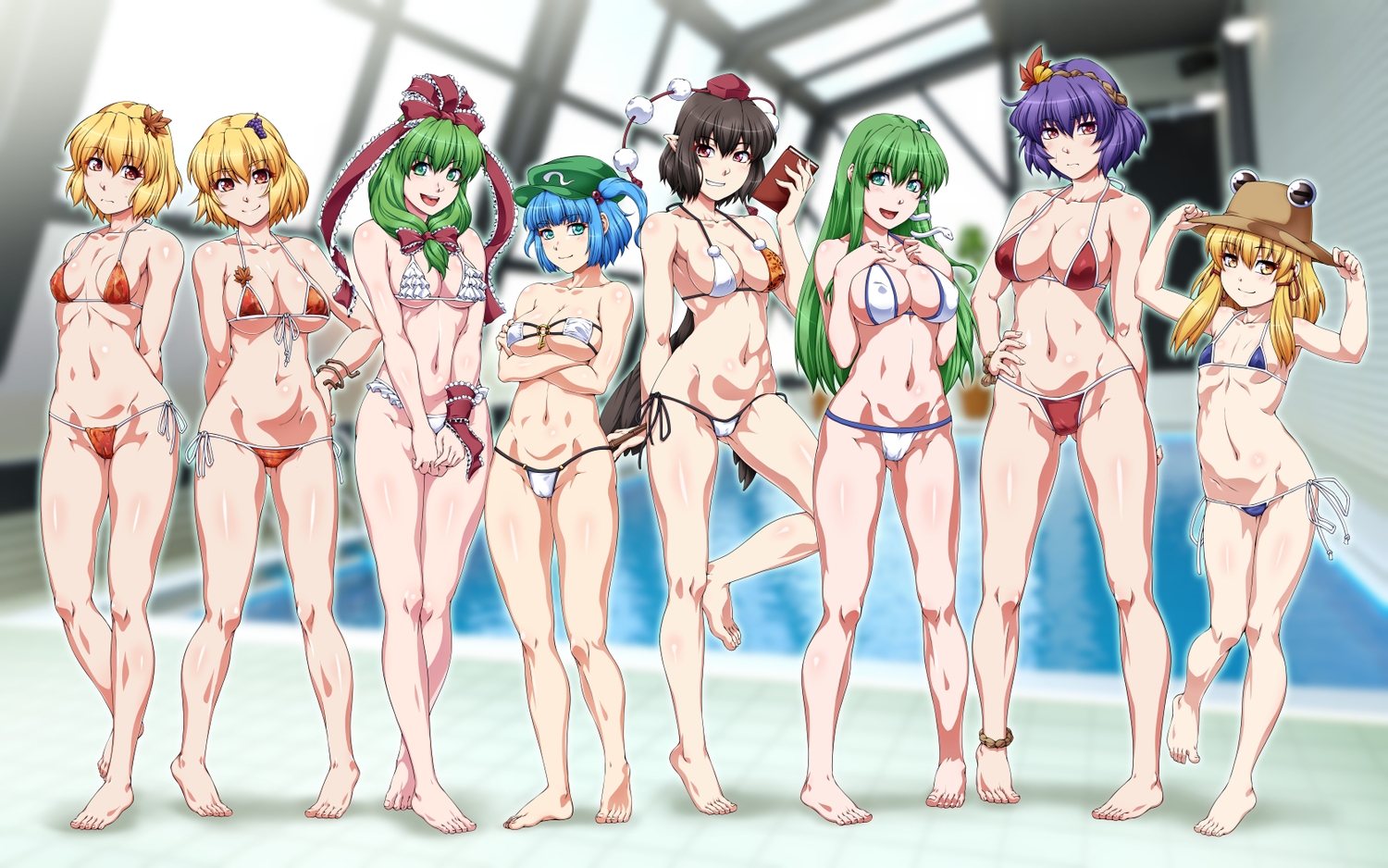 aki_minoriko, aki_shizuha, aliasing, barefoot, bikini, blonde_hair, blue_hair, breast_hold, breasts, brown_eyes, brown_hair, cleavage, green_eyes, green_hair, group, kagiyama_hina, kawashiro_nitori, kochiya_sanae, loli, long_hair, moriya_suwako, navel, ootsuki_wataru, pool, shameimaru_aya, short_hair, swimsuit, touhou, yasaka_kanako