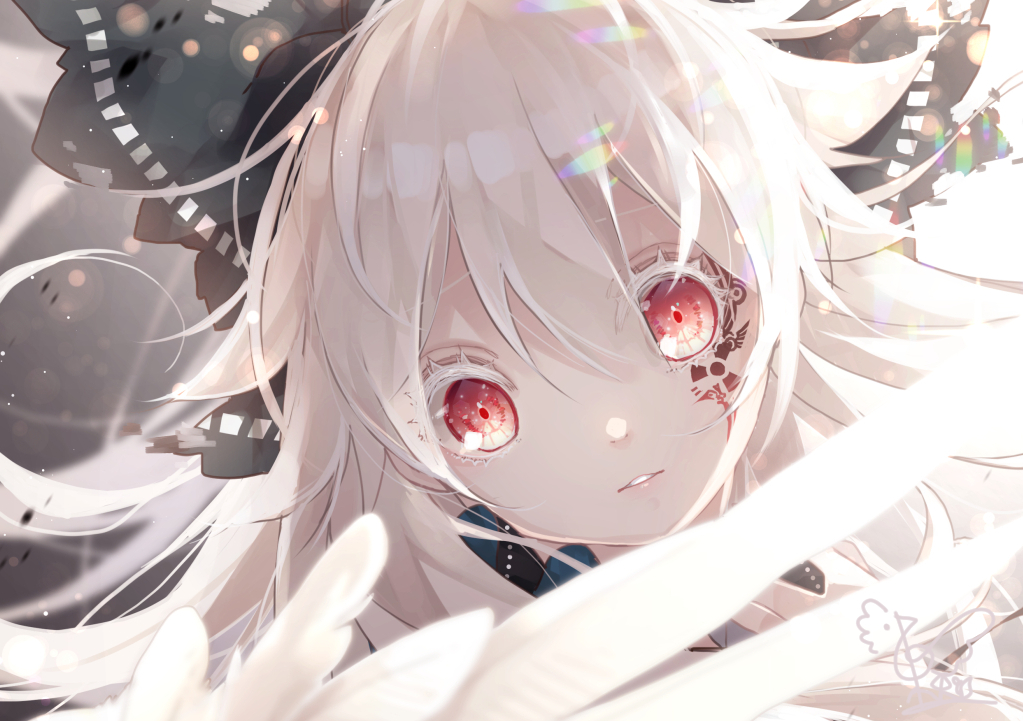close, long_hair, red_eyes, reiuji_utsuho, signed, tattoo, touhou, toutenkou, white_hair