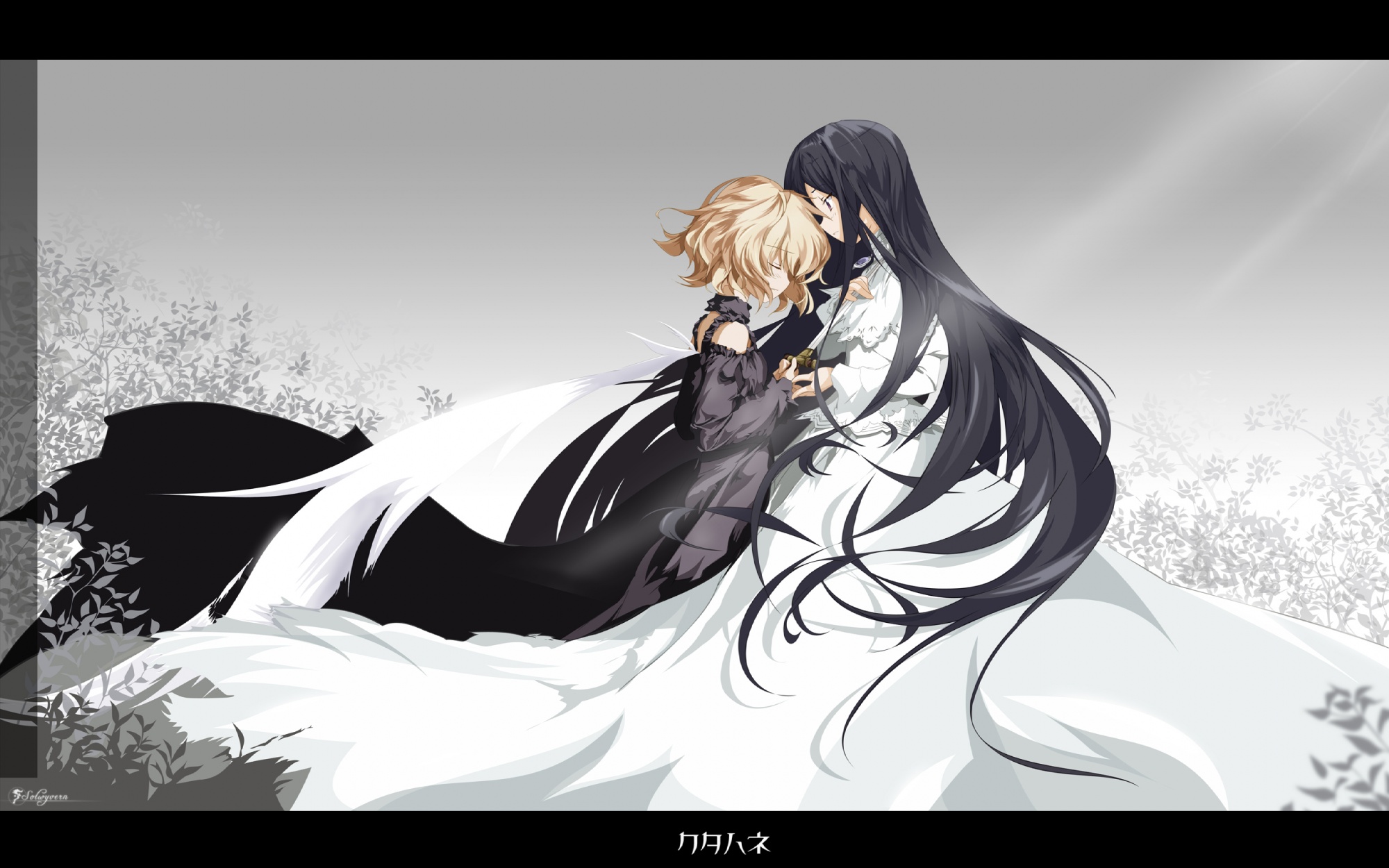 2girls, black_hair, blonde_hair, blush, christina_dorn, dress, efa, fue_(tsuzuku)