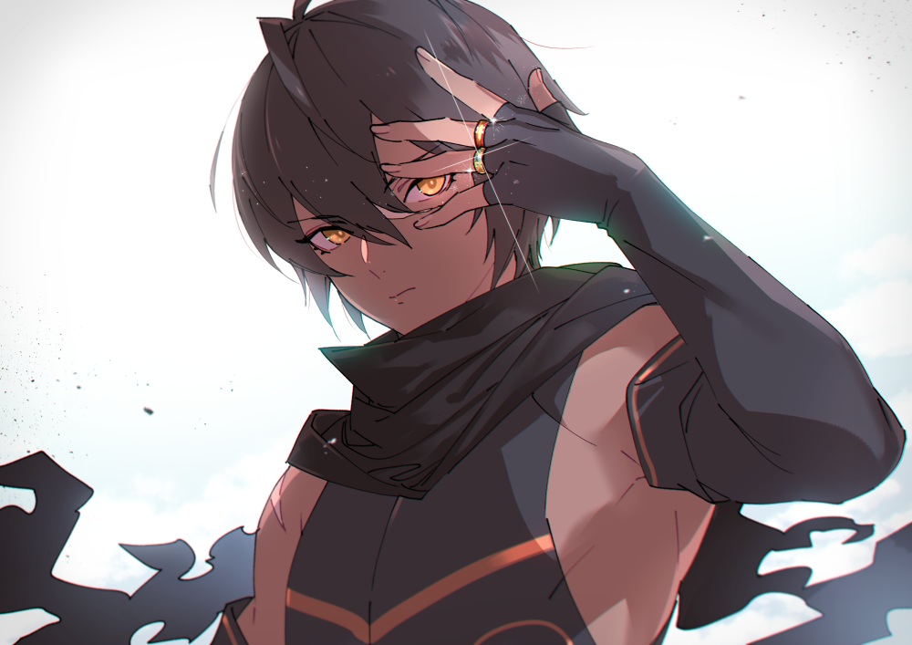 all_male, black_hair, close, dark_skin, elbow_gloves, gloves, granblue_fantasy, jamil_(granblue_fantasy), mako_(ikuji-san), male, scarf, short_hair, yellow_eyes