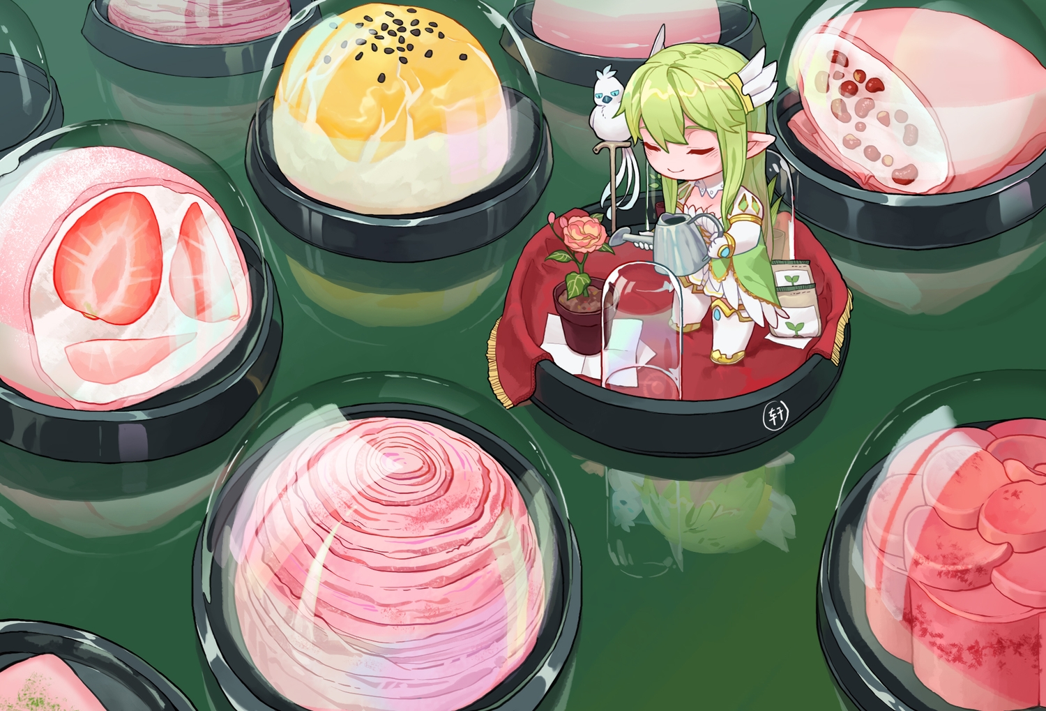 animal, bird, cake, chibi, dress, elsword, flowers, food, fruit, green_hair, long_hair, pointed_ears, reflection, rena_(elsword), shakan_(pixiv28220363), strawberry, thighhighs