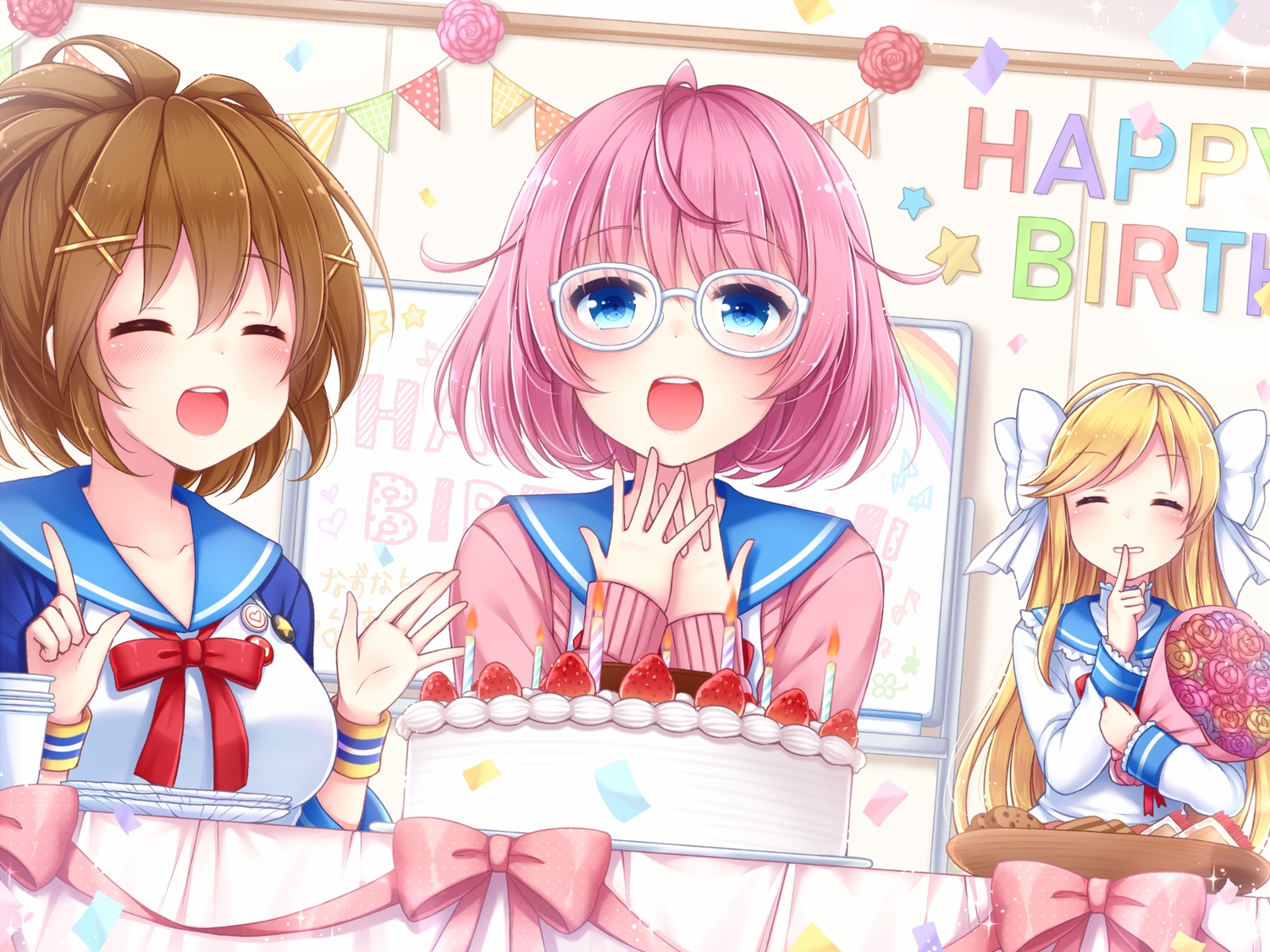 akesaka_serina, aqua_eyes, blonde_hair, blush, bow, brown_hair, cake, chunithm
