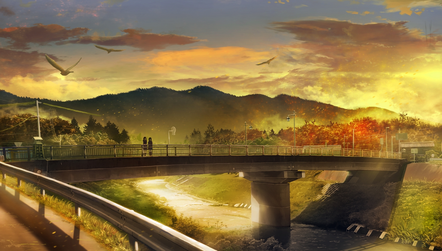 2girls, animal, bird, clouds, grass, landscape, nasu, original