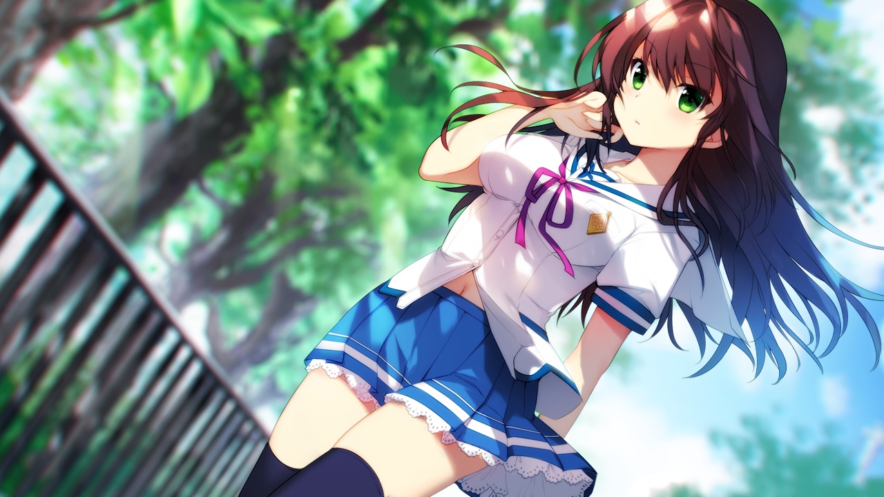 brown_hair, game_cg, green_eyes, hinata_momo, kotonoha_maichiru_natsu_no_koe, manuka_kotoha, navel, school_uniform, silkys_plus, thighhighs, tree