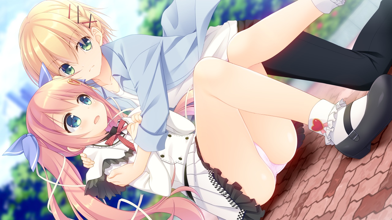 aliasing, ashinome_chrome, blonde_hair, game_cg, green_eyes, hazumi_rio, long_hair, male, nagayama_yuunon, navel_(company), otoko_no_ko, panties, pink_hair, shirokane_mizuki, short_hair, skirt, spiral!!, twintails, underwear