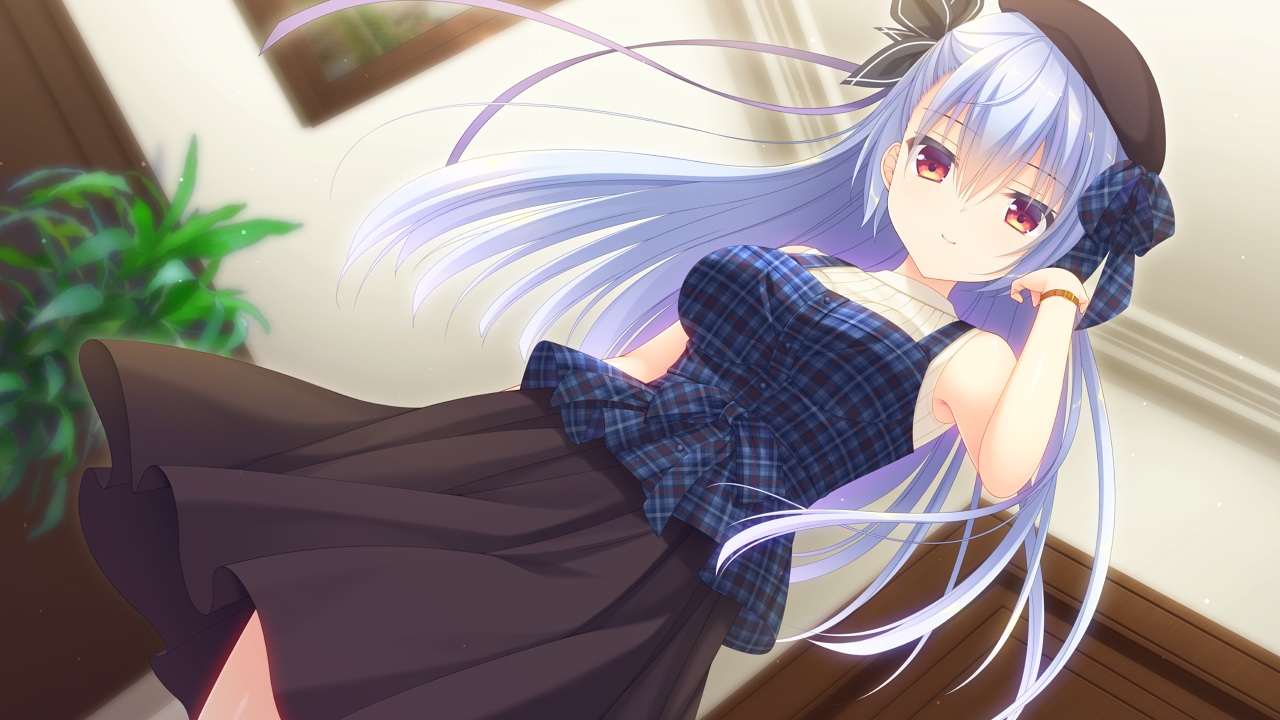 aliasing, blue_hair, game_cg, hat, kadomi_ibarako, long_hair, navel_(company), red_eyes