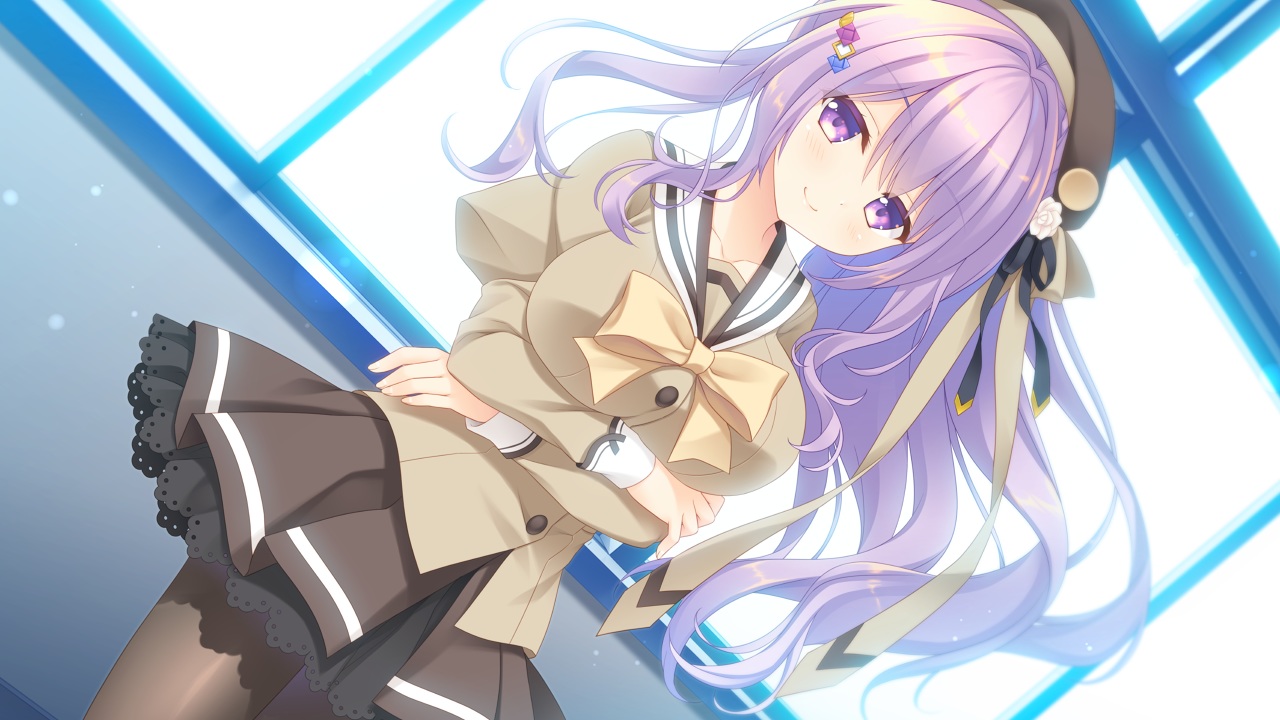 aliasing, ameto_yuki, blush, bow, breast_hold, breasts, game_cg, hat