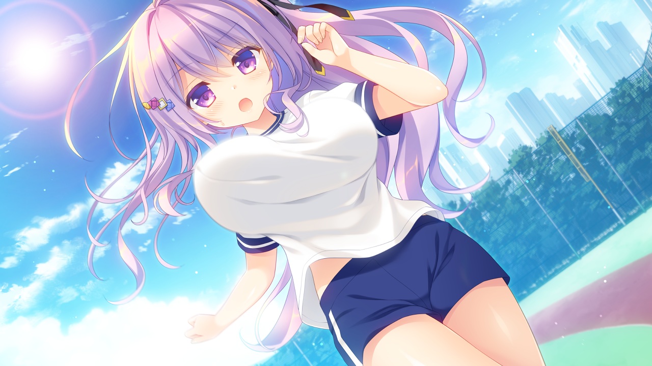 aliasing, ameto_yuki, blush, breasts, building, city, clouds, game_cg