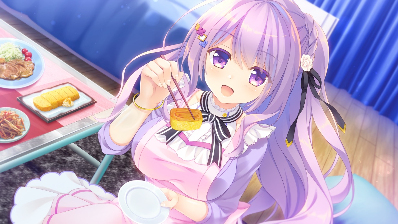 aliasing, ameto_yuki, apron, blush, braids, breasts, food, game_cg